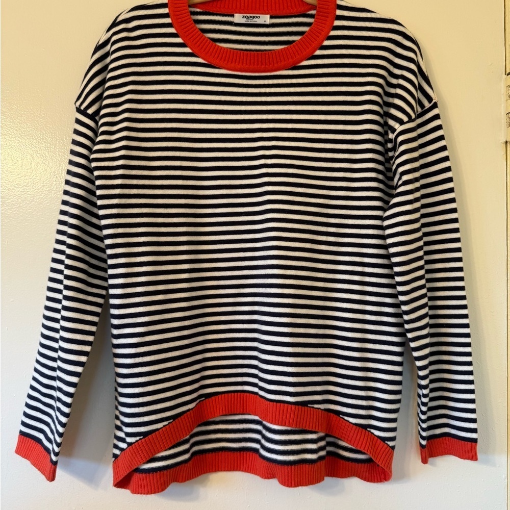 Navy blue and white striped sweater